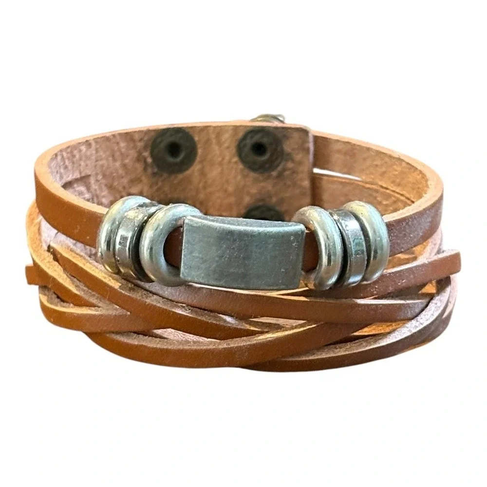 Leather‎ Cuff Bracelet OS Brown Braided Multi-Strand Metal Accents Boho Rustic